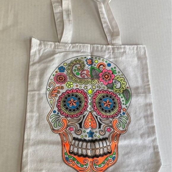 Hand-Painted Skull Canvas Tote Bag Neon Glow in the Dark 13.5 x 13 x 2.5 inches - Picture 10 of 14